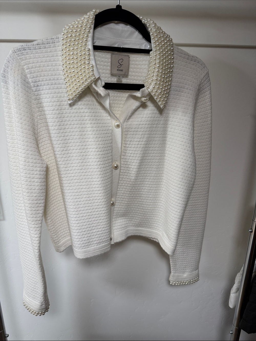 Sioni White Pearl-Trim Knit Cardigan SIZE M